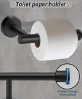 Six Piece Matte Black Bathroom Hardware Set With 16 Inch Hand Towel Bar Toilet Paper Holder Two Wall Towel Hooks And Two Robe Hooks Modern Wall Mounted Stainless Steel Bath Accessories For A Sleek Durable Dope Look, showing a matte black toilet paper holder wall mounted with roll detail.