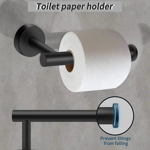 Six Piece Matte Black Bathroom Hardware Set With 16 Inch Hand Towel Bar Toilet Paper Holder Two Wall Towel Hooks And Two Robe Hooks Modern Wall Mounted Stainless Steel Bath Accessories For A Sleek Durable Dope Look, showing a matte black toilet paper holder wall mounted with roll detail.