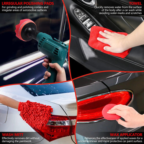 32 Piece Red Car Detailing Kit With Pro Grade Drill Brush Attachments showing tools like polishing pads and wax applicator in use.