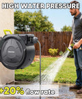 Heavy Duty Retractable Garden Hose Reel With Wall Mount 110 Feet Half Inch Hose Three Quarter Inch Brass Fittings Ten Pattern Nozzle