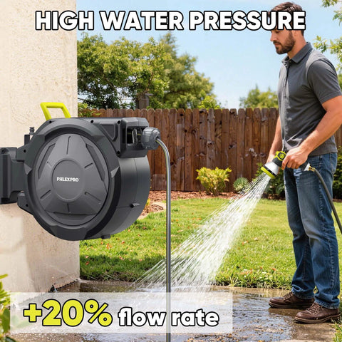 Heavy Duty Retractable Garden Hose Reel With Wall Mount 110 Feet Half Inch Hose Three Quarter Inch Brass Fittings Ten Pattern Nozzle
