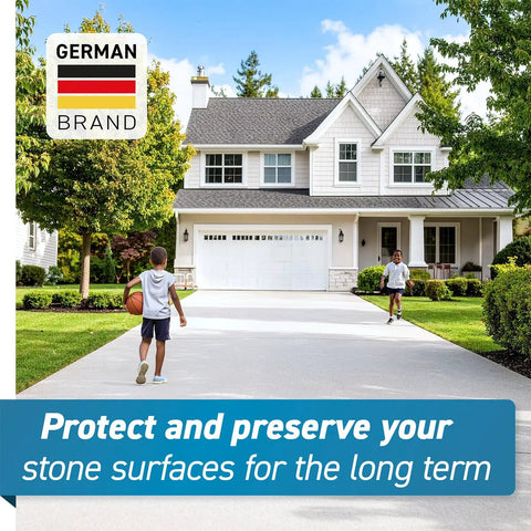 Heavy Hitter Penetrating Stone And Concrete Sealer One Quart Natural Finish used on a driveway, protecting stone surfaces.