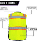 High Viz Safety Vest Lightweight Yet Durable With Reflective Tape Nine Pockets For Construction Transportation Running Cycling Hunting Yellow Green Black Large, back view highlighting neoprene padded neck and high-visibility trim.