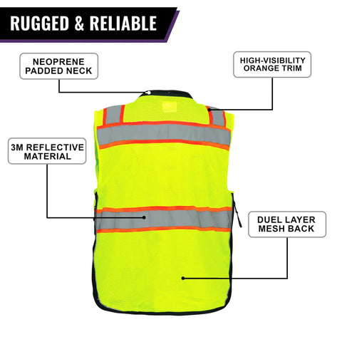 High Viz Safety Vest Lightweight Yet Durable With Reflective Tape Nine Pockets For Construction Transportation Running Cycling Hunting Yellow Green Black Large, back view highlighting neoprene padded neck and high-visibility trim.