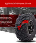 Aggressive trail tire close-up on ATV; Mud Force ATV Tire Set 25x8-12 Front And 25x10-12 Rear, 6-Ply Heavy-Duty Bias Ply Off-Road Quad Tires.