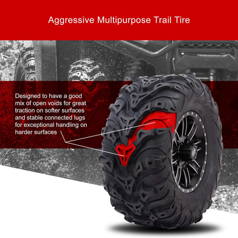 Aggressive trail tire close-up on ATV; Mud Force ATV Tire Set 25x8-12 Front And 25x10-12 Rear, 6-Ply Heavy-Duty Bias Ply Off-Road Quad Tires.