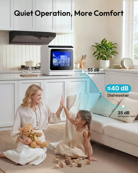 Hassle Free Portable Countertop Dishwasher With Six Smart Wash Cycles And Ultra Quiet Forty Decibel Operation For Smooth Apartment Living Without The Plumbing Headache in modern kitchen with children.