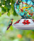 Hand Blown Glass Hummingbird Feeder For Outdoors Hanging With Bee Proof Ports And Ant Moat 360 Degree Perch Leak Proof 22oz Blue Peony