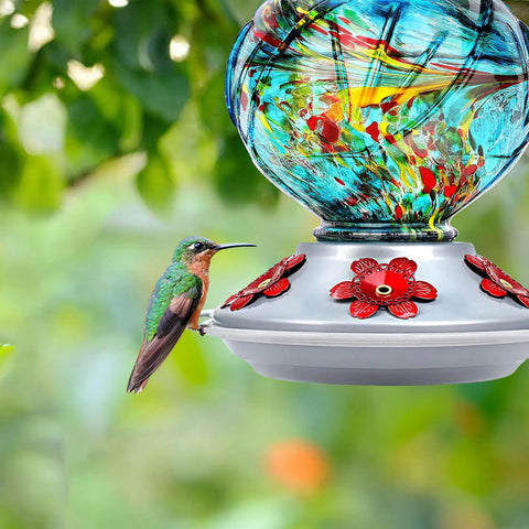 Hand Blown Glass Hummingbird Feeder For Outdoors Hanging With Bee Proof Ports And Ant Moat 360 Degree Perch Leak Proof 22oz Blue Peony