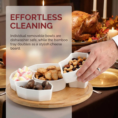11 Inch Porcelain Lazy Susan Serving Tray Set With 360 Degree Rotating Base And Removable Divided Dishes on dining table