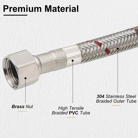 Close-up of 24-Inch Faucet Supply Lines With 3/8 Inch Compression To M10 Male Connector Braided Stainless Steel Nylon Hose