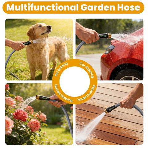 GUKOK 100 ft multifunctional garden hose with spray nozzle; car washing, pet bathing, garden watering, house cleaning.
