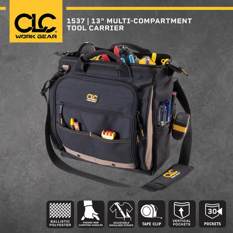 Heavy-Duty 30-Pocket Multi-Compartment Tool Carrier, 13-Inch, Zippered Side Panel Keeps Tools From Spilling, Quick-Access Vertical Pockets For Fast Reach, Rugged Nylon Carpenter Tool Bag For Pros And DIYers