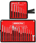 25 Piece Punch And Chisel Set With Roll Pin Punches Including Taper Punches Pin Punches Center Punches And Cold Chisels For Metalworking Automotive Woodworking And DIY Projects Built From Heat Treated Chrome Vanadium For Lasting Sharpness And Durability in a red nylon pouch