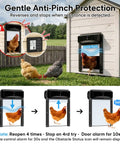 Illustration of solar powered roll-up chicken coop door with anti-pinch protection and remote display on coop.