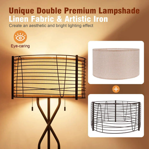 Industrial Farmhouse Floor Lamp With Double Drum Shade 65 Inch Tall Rustic Bronze Woven Iron Metal Burlap Shade Mid Century Modern Reading Light For Living Room Vibes Bedroom And Office with unique double premium lampshade in linen fabric and artistic iron, eye-caring design.