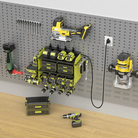 Wall Mounted Drill Storage Rack With Charging Station And Drill Holder, Power Tool Organizer For Garage And Workshop, Holds 4 Drills, 8 Outlet Power Strip, Drill Bit Organizer, Green Three Layer installed on a wall with tools.