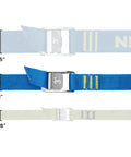 Heavy Duty 1 Inch By 20 Foot Tie Down Straps Pair in iconic blue with cam buckles, stainless steel springs, and UV resistant webbing