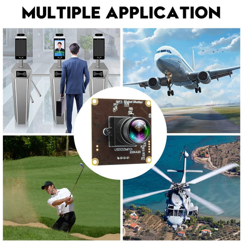 Global Shutter USB Webcam Module With 50FPS High Speed Capture For PC Use shown in various application scenarios including aviation and sports.