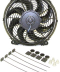 Top Shelf 12 Inch Auxiliary Radiator Cooling Fan Kit Featuring Reversible Electric Motor Reinforced Nylon Shroud with accessories.