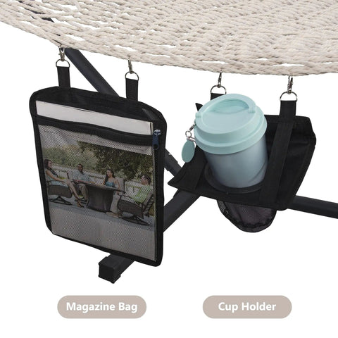 Cup holder and magazine bag attached to a double rope hammock with hardwood spreader bar and carrying bag