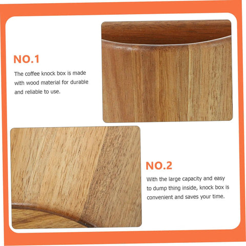 Close-up view of Solid Build Wood Semi Automatic Espresso Grounds Knock Box showing durable wood material and curved edge.