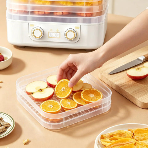 Big Time 6 Tray Food Dehydrator For Home With Clear Racks And Digital Temperature Timer Controls To Knock Out Homemade Jerky Dried Fruit Veggies And Dog Treats Quick As Can Be being used to prepare orange and apple slices.