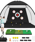 Person using All In One 10x7 Foot Golf Practice Net With Tri Turf Mat For Outdoor And Indoor Training, includes accessories