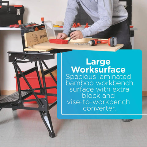 Portable Folding Workbench for DIY and Woodworking With 550 Lb Pro Grade Capacity, Clamps and Vise, Heavy Duty Steel Frame and Bamboo Top for Auto Shop Projects And More, showing laminated bamboo surface.