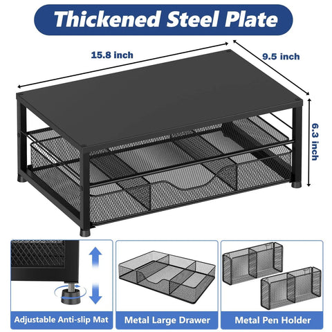 Desk Organizer and Monitor Stand With Drawer and Two Pen Holders for Laptop Setup, black steel riser with measurements