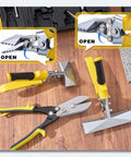 Sheet Metal Bender And Crimper Kit For Pros And DIYers, showing 3 blade pipe crimper, 3 inch and 6 inch benders on a wooden surface