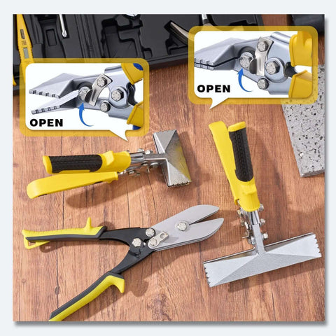 Sheet Metal Bender And Crimper Kit For Pros And DIYers, showing 3 blade pipe crimper, 3 inch and 6 inch benders on a wooden surface
