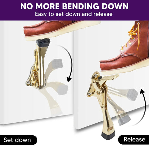Pedal Kick Down Door Stopper Hands Free Door Hold Open Easy Step Doorstop With Height Adjustable Rubber Foot Premium Zinc Alloy Build 4 Inch Gold Finish 1 Pack Sturdy Works On Carpet Wood Cement.