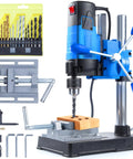 Mini Benchtop Drill Press Kit with 16 Piece All Material Drill Bits, 1200W Motor, shown with rotary stand and drill set.