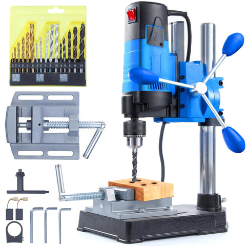 Mini Benchtop Drill Press Kit with 16 Piece All Material Drill Bits, 1200W Motor, shown with rotary stand and drill set.