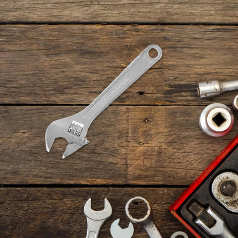 Beefy Heavy Duty Adjustable Wrench Spanner With Wide Ergonomic Handle 8 Inch Extra Wide Jaw High Carbon Steel on wooden table