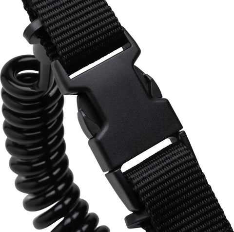 Close-up of the Coiled Lanyard For Securing Dive Gear To BCD With Quick Release Buckle Split Ring And Snap for accessory tether.