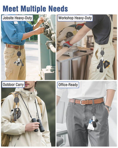 2 Pack Heavy Duty Retractable Keychains With 30.5 Inch Dyneema Cord shown in various work settings for men
