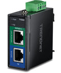 Heavy Duty 95 Watt Gigabit PoE Plus Plus Injector Rock Solid Power Over Ethernet Adapter For Industrial Jobs Straight Up Government Approved Gear With Four Pin Terminal Block and Crisp Led Indicators view showing ports and connectors.