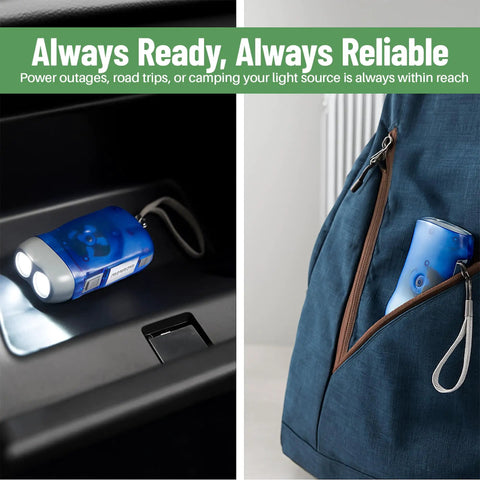 Hand Crank Emergency Flashlight Pack 12 Units Rechargeable Crank Light With Dual LED Beams in car and backpack pocket