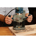 Rock Solid Dual Stitch Router Inlay Clear Block Thick Acrylic Jig Made For Plunge Routers Using 1/8 Bit Sizes To Nail Precision Woodworking Layouts And Fit Tight with router in use on wood surface.