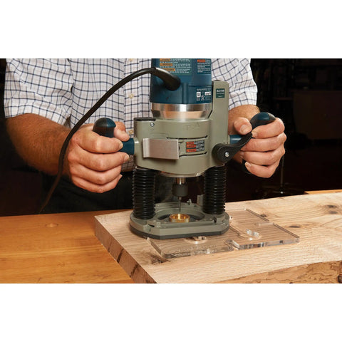 Rock Solid Dual Stitch Router Inlay Clear Block Thick Acrylic Jig Made For Plunge Routers Using 1/8 Bit Sizes To Nail Precision Woodworking Layouts And Fit Tight with router in use on wood surface.