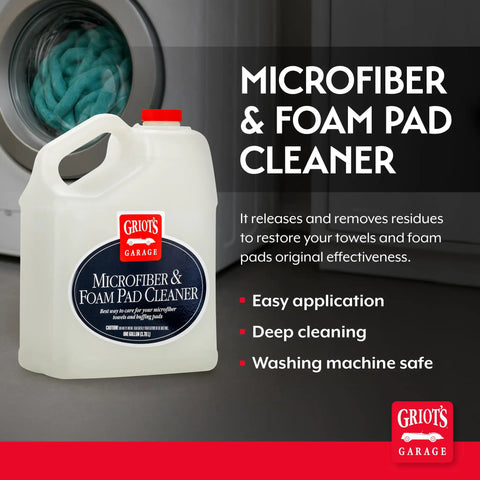 Pro Grade Car Care Microfiber And Foam Pad Cleaner For Polish Wax And Sealant Residue Removal 35 Oz bottle next to washing machine