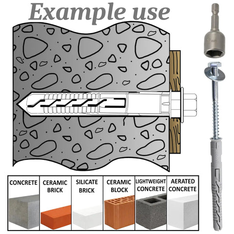 Heavy Duty Nylon Countersunk Flange Dowels 10mm x 100mm, 12 Screws 7mm x 100mm, Large Washers for M8 Bolts, and a One Quarter Inch Hex Socket Bit, 12 Piece Fastener Set for DIY, Wood, and Metal Projects example in concrete