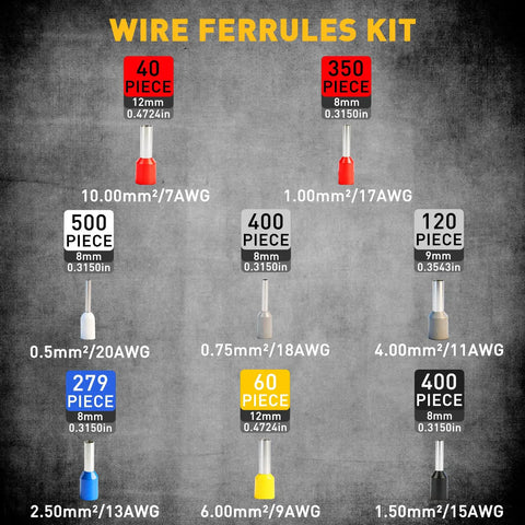 Various sizes of wire ferrules from Ultimate 2180 Piece Ferrule Crimping Tool Kit For Wiring Pros And Gearheads.