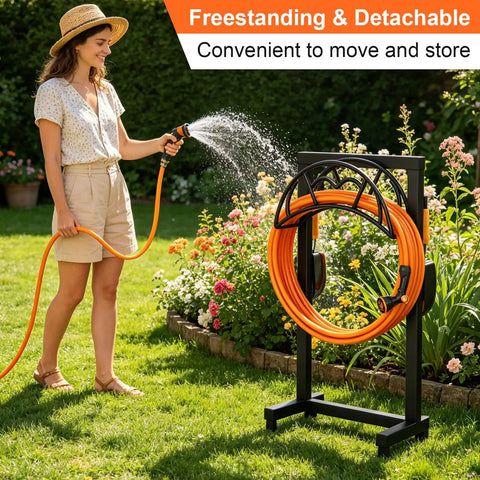 Freestanding Heavy Duty Garden Hose Holder With Upgraded Metal Stand Two Support Poles And Four Anchor Points Built Tough For Outdoor Use Detachable Hose Reel Rack Holds Up To 150 Feet Of Hose Black.
