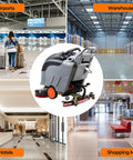 28-Inch Commercial Floor Scrubber With Dual Brushes And Pad System in various large facility settings including airports and warehouses.