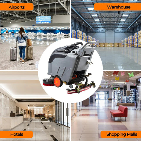 28-Inch Commercial Floor Scrubber With Dual Brushes And Pad System in various large facility settings including airports and warehouses.