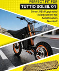 Gold Dirt Bike Chain for Tuttio Soleil 01 shown on electric motorcycle with precision 420 size, durable rustproof upgrade.