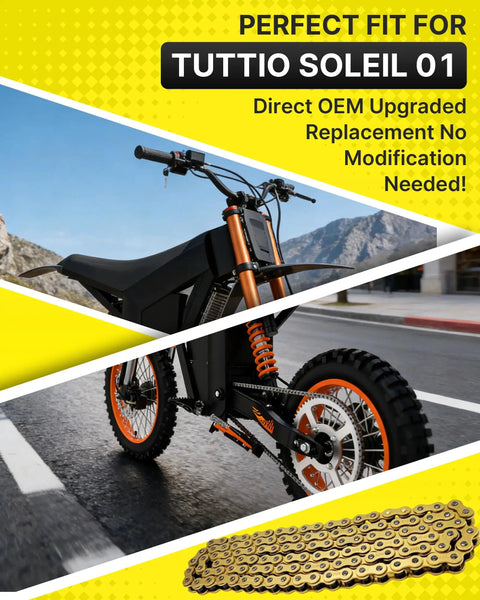 Gold Dirt Bike Chain for Tuttio Soleil 01 shown on electric motorcycle with precision 420 size, durable rustproof upgrade.